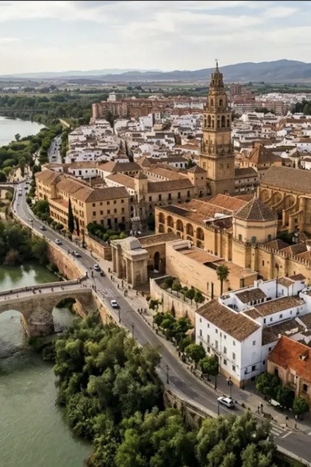 Córdoba from above: the Mezquita and its bell tower, the Roman bridge over the river, and white houses spreading back to the hills.